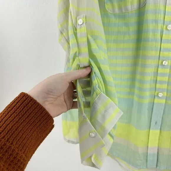 Lane Bryant Pastel Shirt 14/16 Yellow Teal Roll Tab Sleeve Sheer Spring Light - Picture 3 of 8